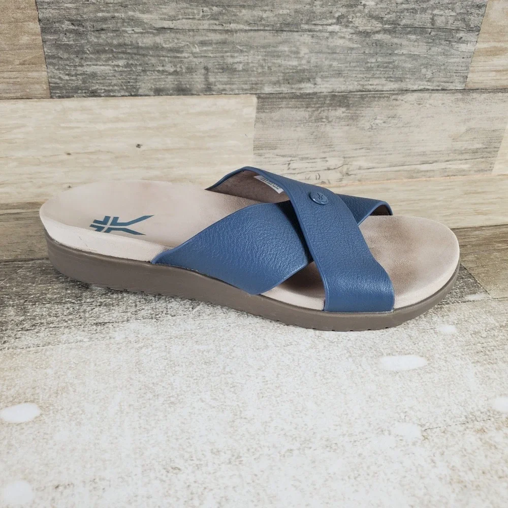 Kuru Breeze Womens Slide Sandal Sz 10 M Mineral Blue Faded Brown Leather Slip On